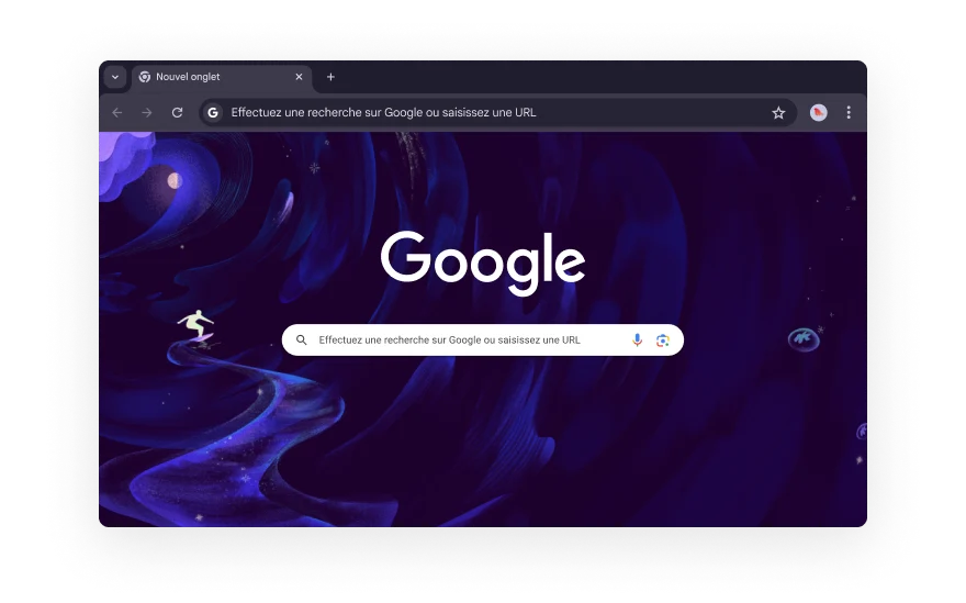 Interface utilisateur Chrome abstraite entourée d'icônes représentant des catégories d'extensions de navigateur. Les icônes représentent les catégories Shopping, Divertissement, Outils, Art et Design, et Accessibilité.